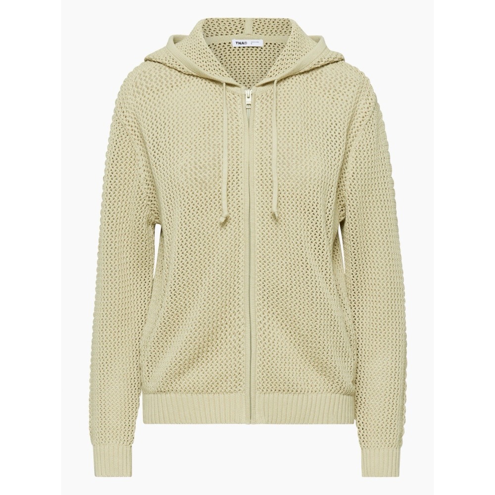 Aritzia TNA Cotton Mesh Knit Zip Up Beige Tunnel Hoodie Cardigan Sweater Size XS